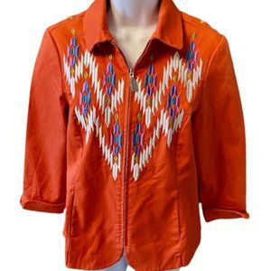 Bob Mackie Jacket Art To Wear Lightweight Ikat Tribal Embroidery Zip Front XS